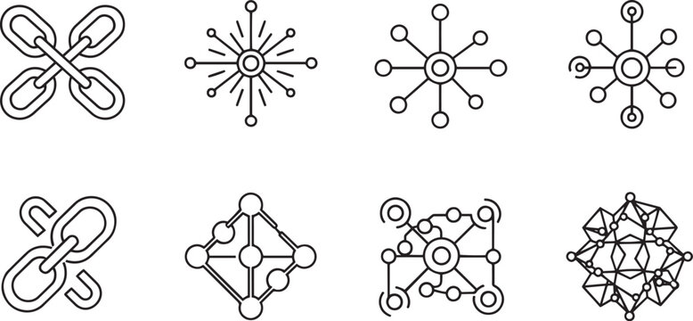 Blockchain and Abstract Network Hub Linear Icon Set with Digital Link, Connection Node, and Geometric Grid Graphics