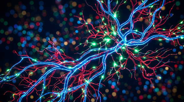 Vibrant neuron network with glowing connections and dots in dark background