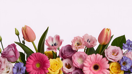 Assorted blooming spring flowers with green leaves during soft studio lighting concept for celebration