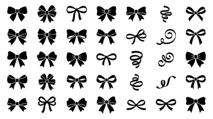 Obraz premium Large collection of black bow tie silhouettes and ribbon knot icons isolated on white background, symbolizing elegant gift wrapping and representing decorative festive element for celebration design