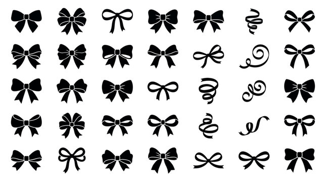 Large collection of black bow tie silhouettes and ribbon knot icons isolated on white background, symbolizing elegant gift wrapping and representing decorative festive element for celebration design