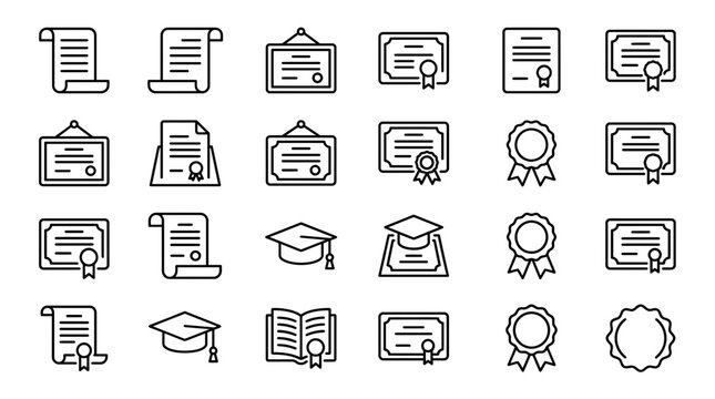 minimalist collection of black line icons featuring diplomas graduation caps scrolls and framed certificates, illustrating educational success and representing professional certification