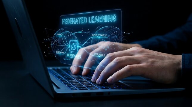 Federated learning technology concept with hands typing on laptop keyboard.