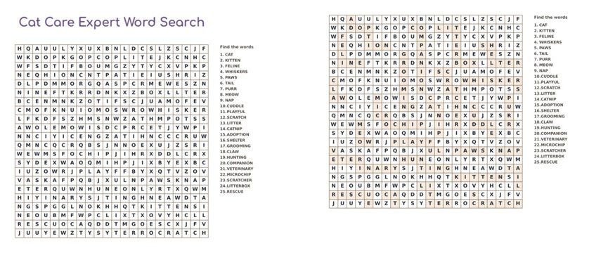 Cat Care Expert Printable Word Search Puzzle with Answer Key for Pet Education and Feline Activity Book