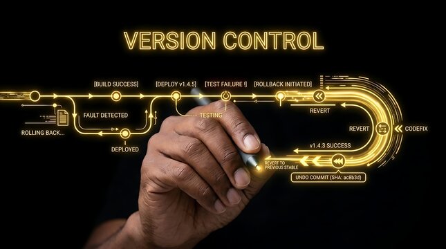 Hand Drawing Version Control System Concept with Glowing Gold Interface.