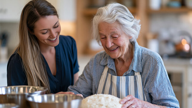Occupational therapist guides an elderly Alzheimer's patient through a familiar bread-baking activity at a memory care kitchen station, measuring cups and a simple recipe card