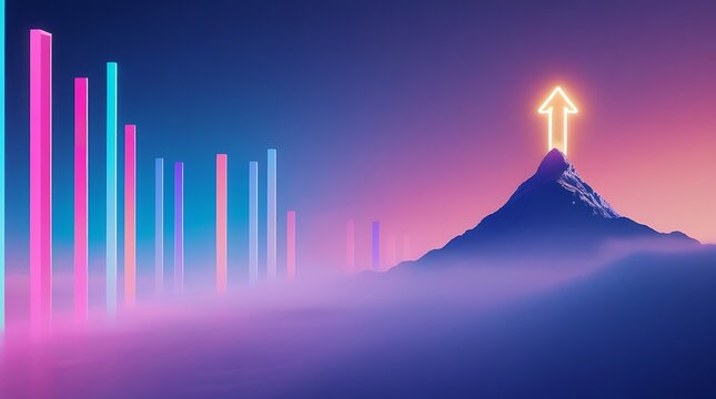 Neon arrow pointing up from mountain peak with glowing bars graph abstract landscape.