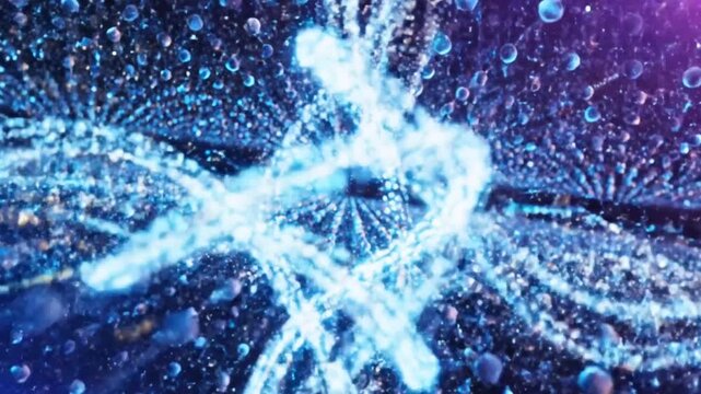 High-tech abstract grid structure background with blue spherical molecules and chemical bonds connected by light lines in a scientific laboratory or quantum physics concept.
