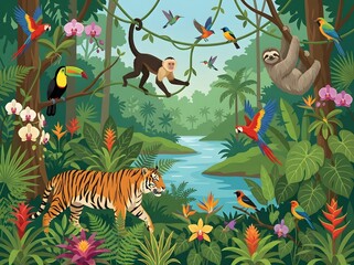 Obraz premium Tropical Rainforest Wildlife Scene with Tiger Monkey Sloth Toucan and Colorful Birds Vector Illustration