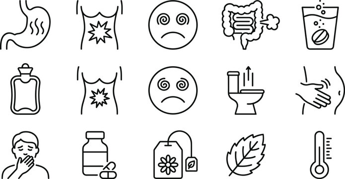 Stomach Ache and Indigestion Line Icon Set Featuring Gastric Pain, Bloating, Nausea, and Digestive System Treatment Medical Symbols
