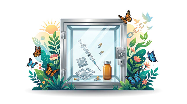 Locked glass display containing drug paraphernalia surrounded by nature