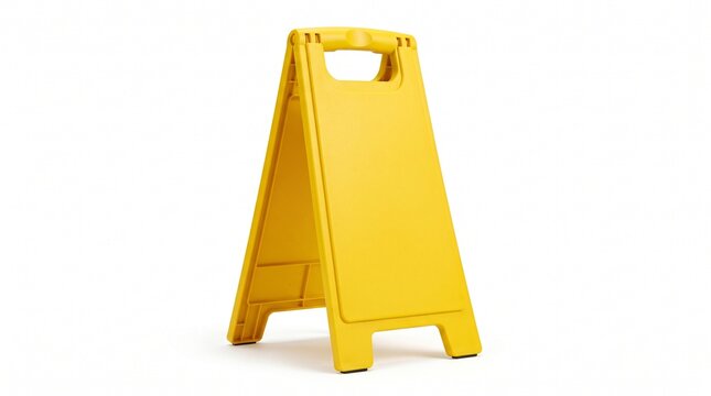 Bright yellow plastic portable sandwich board sign standing upright isolated on a clean white studio background for advertising custom messages