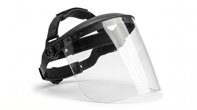 Professional safety face shield featuring a clear plastic visor and adjustable black head strap isolated on a clean white background
