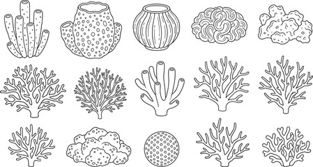 Coral Reef and Sea Sponge Line Icon Vector Set Featuring Ocean Habitats for Coloring Pages and Marine Biology Educational Designs © Maslima