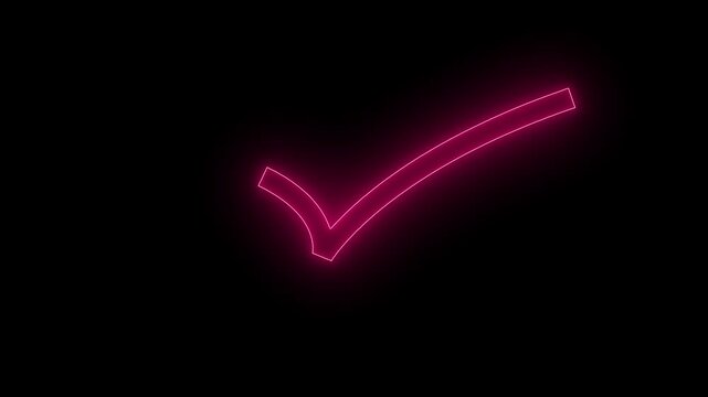 glowing neon red checkmark icon animation with black background,