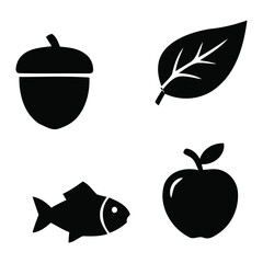 Set of black vector icons showing acorn leaf fish and apple fruit isolated on white background for web design © MDHABIB