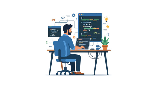 Programmer Coding on Computer, Software Development, IT Specialist Working at Desk