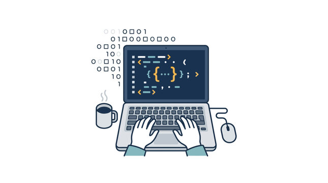 Programmer Typing Code on Laptop with Coffee