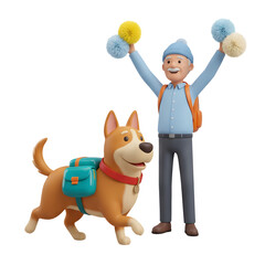 Fototapeta premium Happy man and dog with backpacks and pom-poms