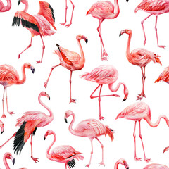 Obraz premium pink flamingo watercolor seamless pattern with tropical birds on white background for summer fabric and coastal decor