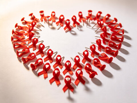 Hundreds of red ribbon pins form a heart &mdash; World AIDS Day as collective solidarity made tangible. Ideal for AIDS awareness, health campaigns, World AIDS Day, and advocacy editorial.