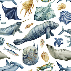 manatee narwhal stingray watercolor seamless pattern with seal turtle shark fish shells and ocean animals © Hanna