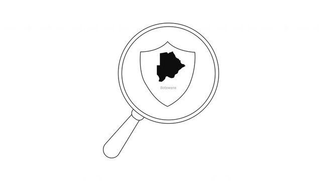 Magnifying glass over shield with Botswana map outline, symbolizing security and investigation.
