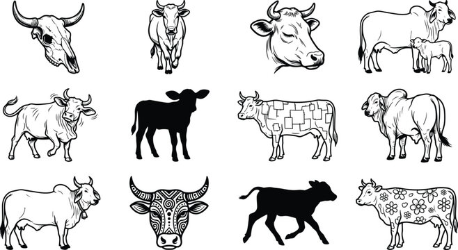 Vintage hand drawn cow and bull vector set with cattle skull silhouettes for rustic farmhouse decor dairy ranch logos and butcher shop branding