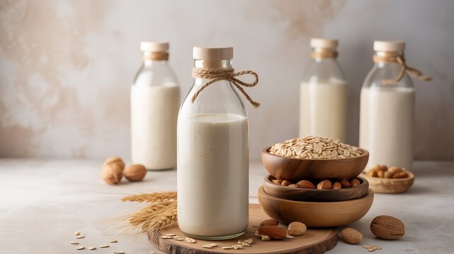   
Glass bottles of creamy plant based milk with corks twine almonds and oats in rustic bowls on light surface with natural lighting