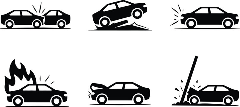 Car accident icon set with head on collision vehicle rollover fire burning and crashing into pole isolated on white background.