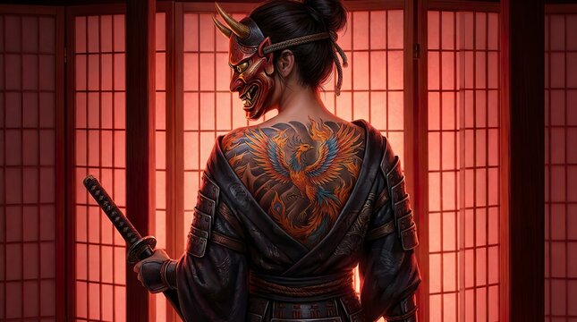 Mysterious Woman with Oni Mask and Dragon Tattoo Holding Katana.