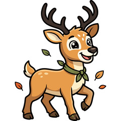 Fototapeta premium A cartoon reindeer runs playfully outdoors with falling leaves around it.