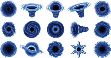 Obraz premium Black Hole and Space Vortex Vector Collection with Cosmic Singularity Effects, Deep Space Portals, Gravitational Funnels and Futuristic Astronomy Elements
