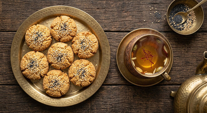 Kashmiri kulcha bread with sesame and poppy seeds, served with saffron kahwa tea and almond slivers &ndash; overhead shot, crisp texture, traditional Kashmiri breakfast, editorial stock