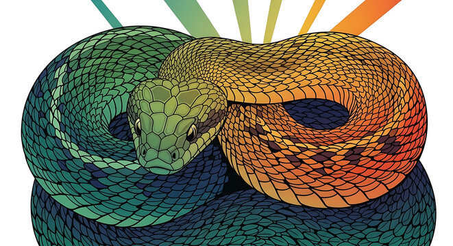 Vibrant coiled serpent illustration showcasing a vivid rainbow gradient from green to orange with detailed scales and radiating light rays