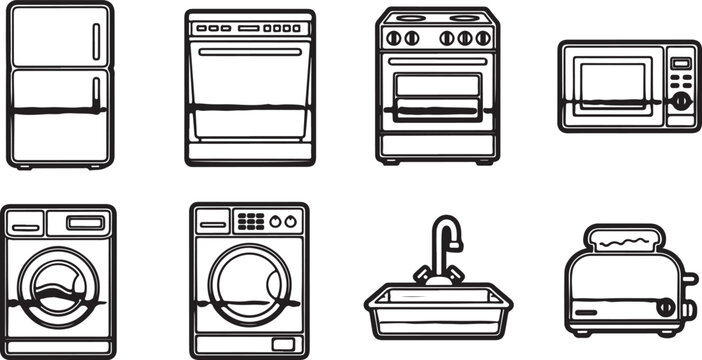 Flat pack kitchen appliances icon set