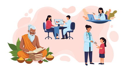 Fototapeta premium Comparison between traditional holistic medicine featuring an old sage and modern healthcare with doctors and technology used for patient diagnosis.