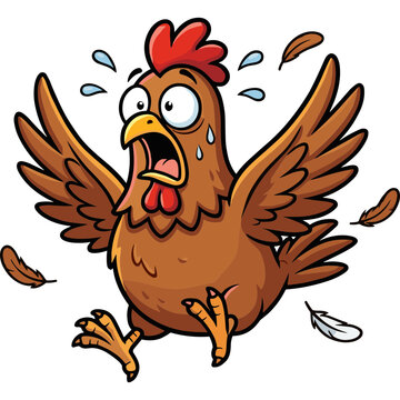 A cartoon chicken appears stressed and flustered while losing feathers outdoors.