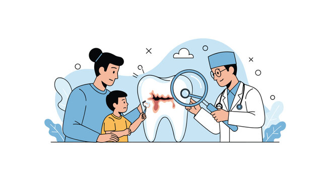 Pediatric dentist uses a magnifying glass to show a mother and her young son a giant model of a decayed tooth to explain dental health and hygiene.