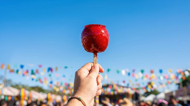 Sweet candy apple held high at a lively festival
