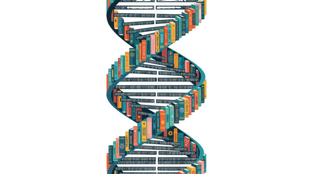 DNA helix formed by books and binary code representing knowledge and science back to school time.