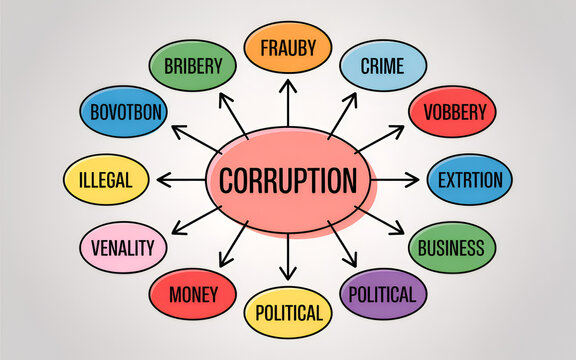 Corruption concept map with related terms like bribery and crime in a central diagram