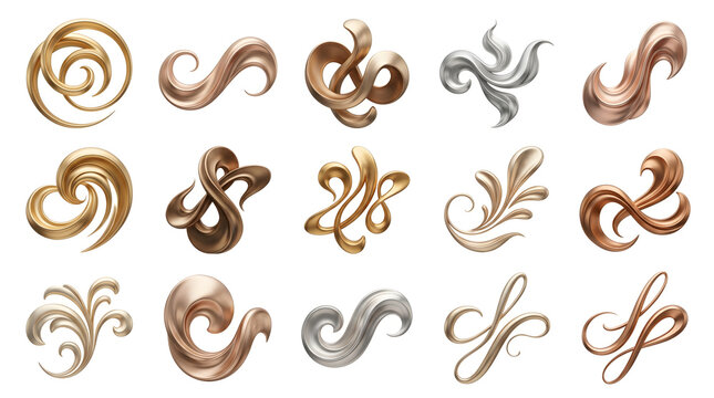 Metallic 3D swirl ornaments set, elegant gold and silver filigree flourishes, luxury decorative scroll elements for wedding invitations and branding