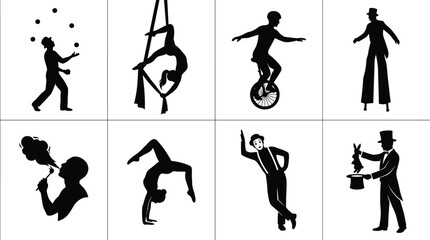 Black circus performance silhouette set featuring entertainers like a juggler, acrobat, unicyclist, stilt walker, fire breather, and magician © SHAPLAKHATUN