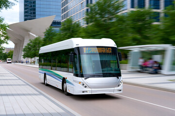 Fototapeta premium Modern city bus traveling through urban business district, sustainable public transportation concept, smart mobility solution, eco friendly transit and modern infrastructure