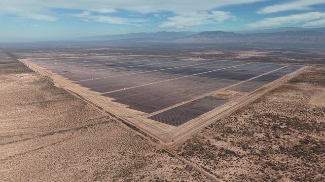 Aerial drone view of El Quemado solar plant station in Las Heras, Mendoza, Argentina.