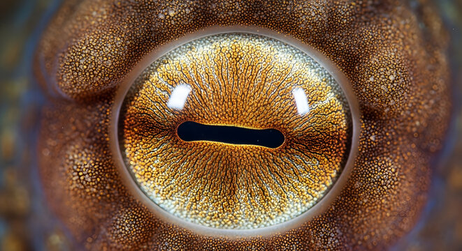Extreme macro shot of an octopus eye showing unique horizontal pupil and intricate textured skin