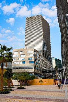 Modern skyscrapers with kafd logo on tower top at King Abdullah Financial District (KAFD) in Riyadh, Saudi Arabia