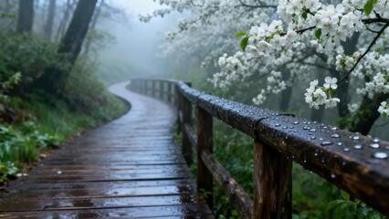 Fototapeta premium Misty wooden boardwalk winding through blooming spring forest after rain, ideal for nature blogs, wellness content, travel promotions and peaceful landscape backgrounds