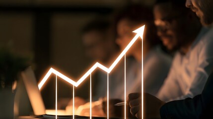 A team collaborates to achieve growth visualized through a rising sales graph under warm corporate lighting